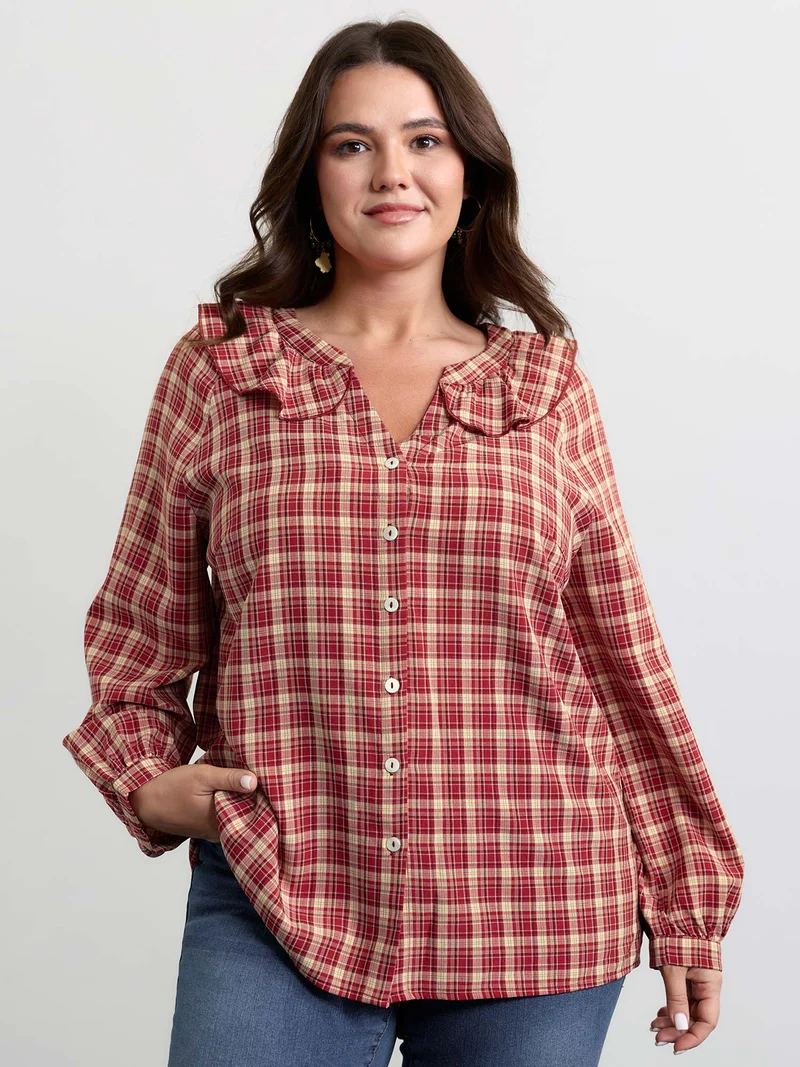 Gingham Print Ruffled Neck Button Blouse