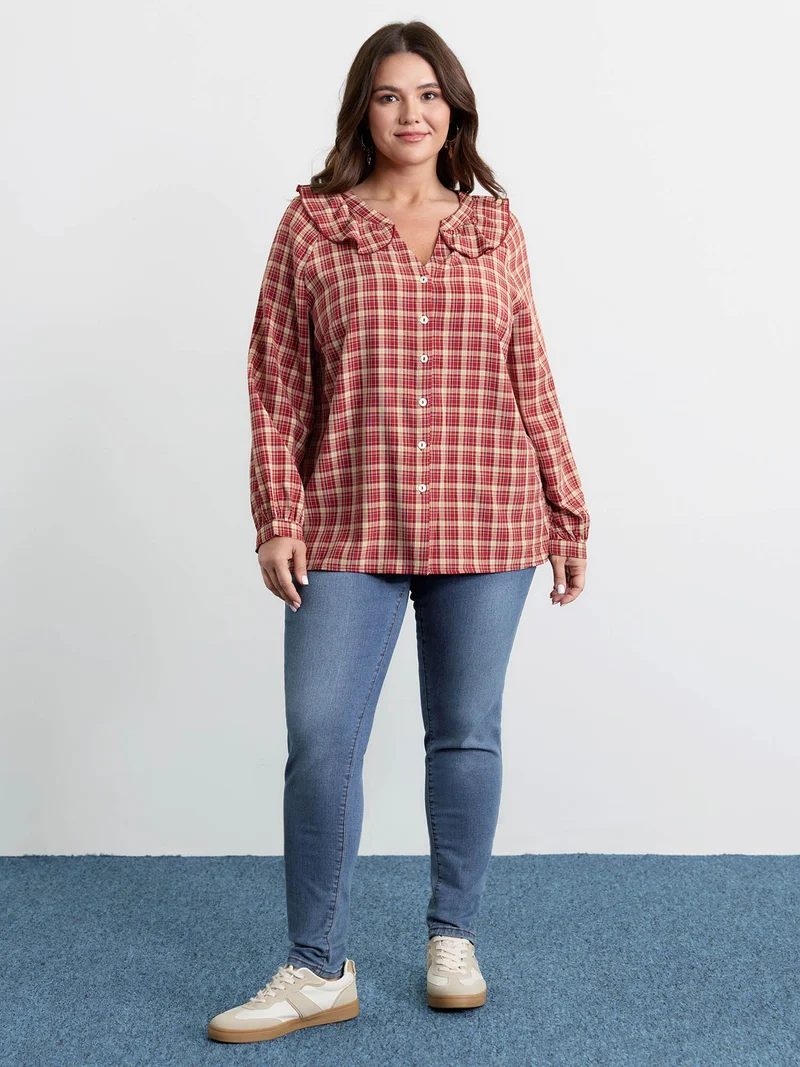 Gingham Print Ruffled Neck Button Blouse