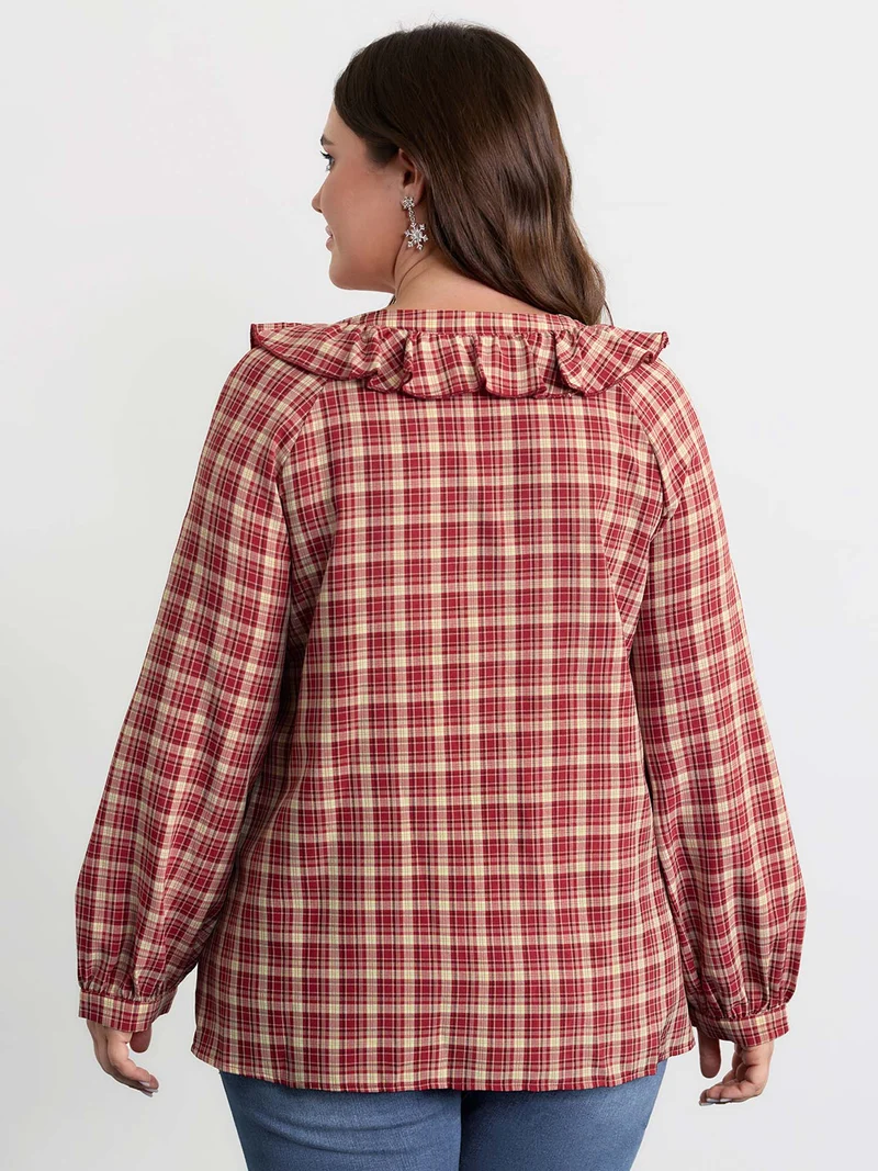 Gingham Print Ruffled Neck Button Blouse