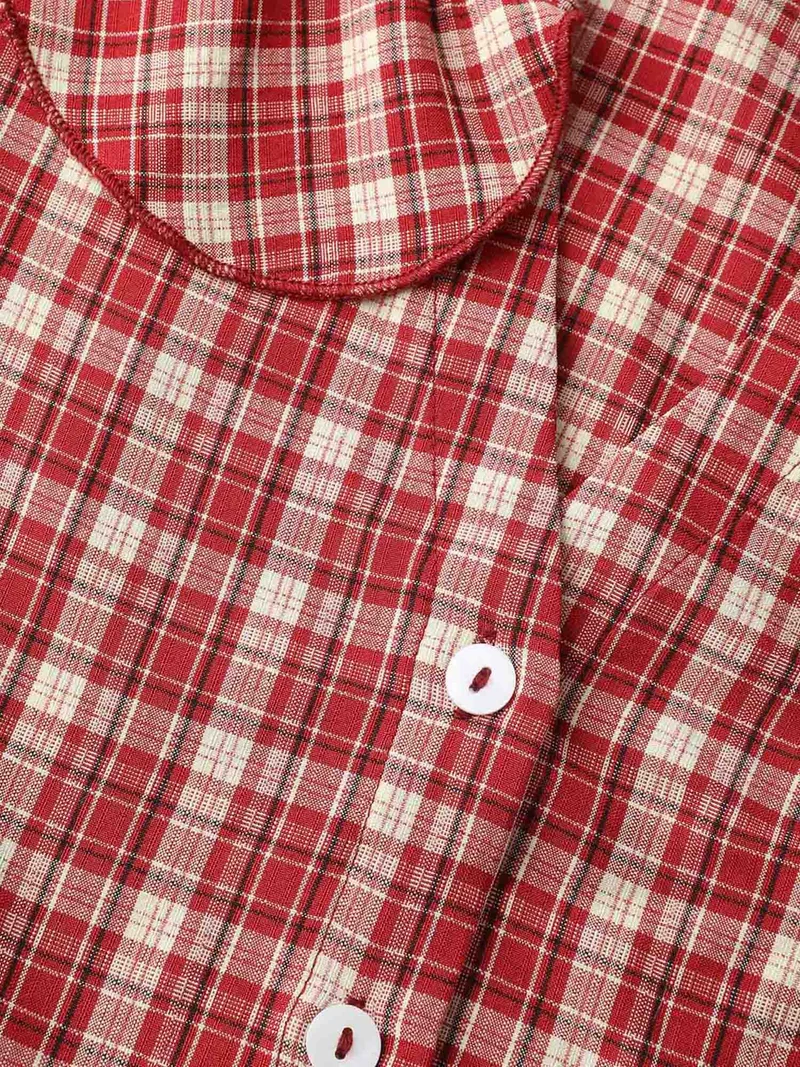 Gingham Print Ruffled Neck Button Blouse