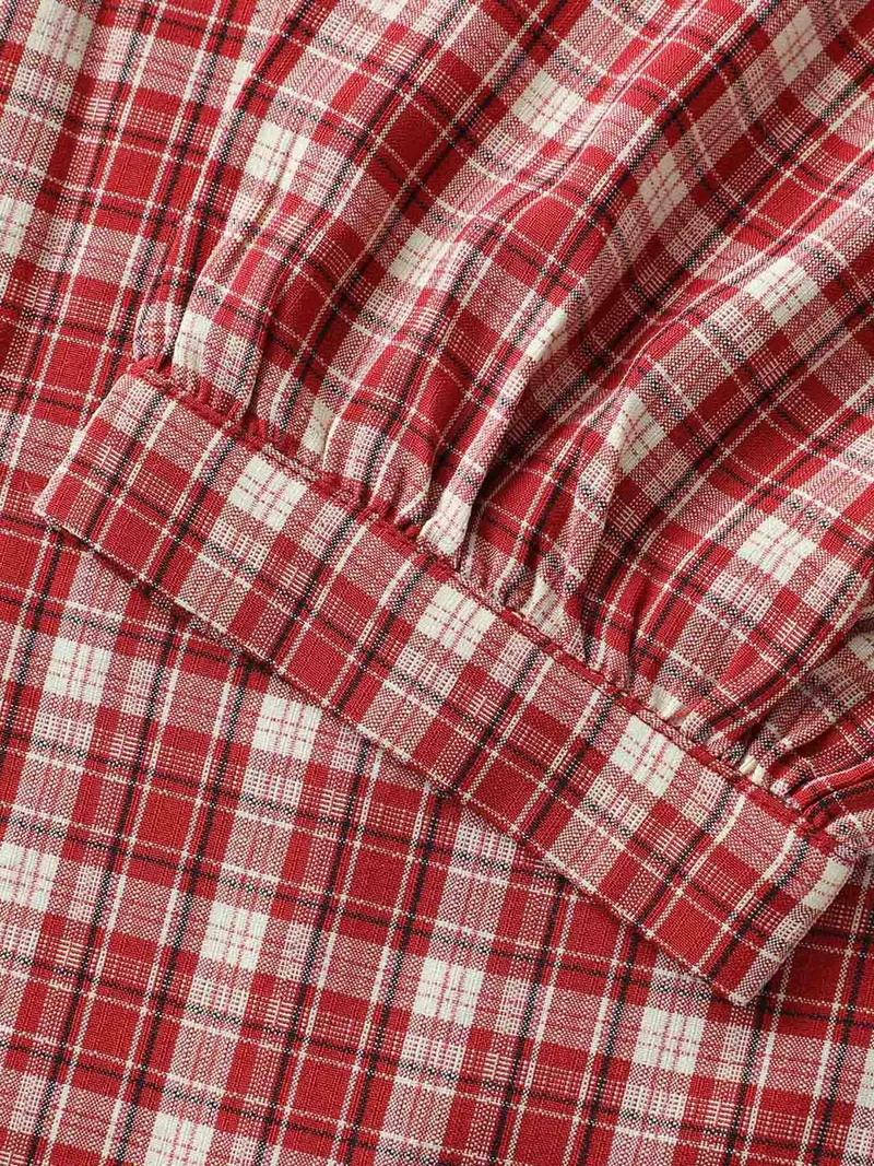 Gingham Print Ruffled Neck Button Blouse