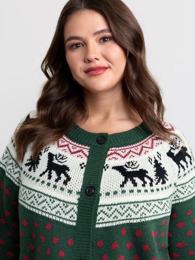 Fair-Isle Holiday Buttons Knit Cardigan