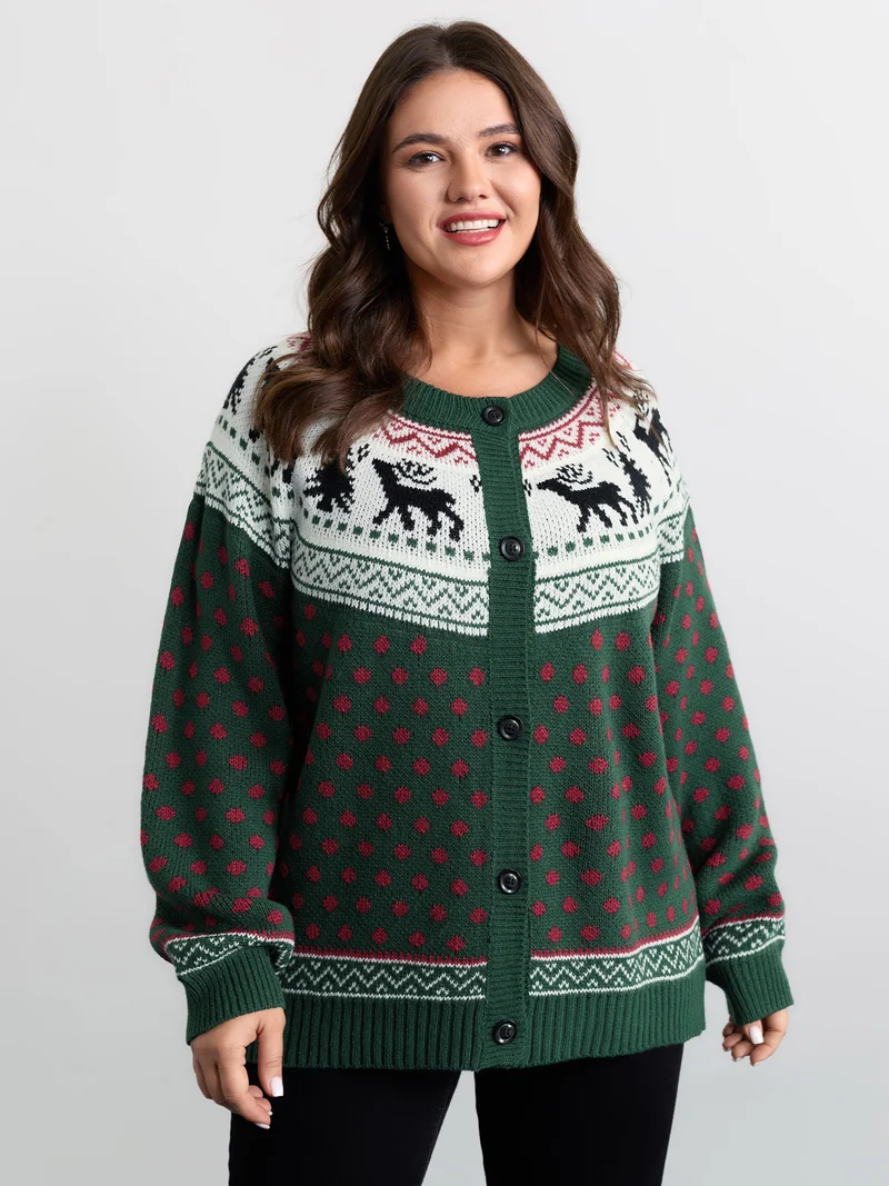 Fair-Isle Holiday Buttons Knit Cardigan