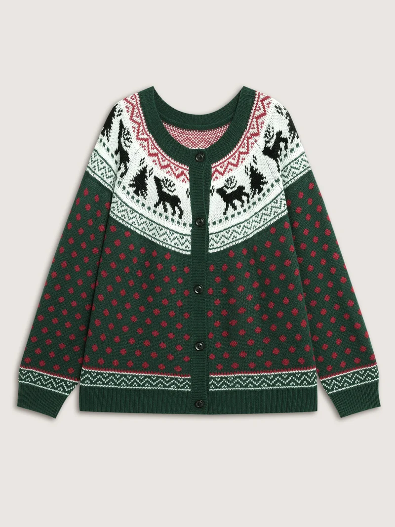 Fair-Isle Holiday Buttons Knit Cardigan