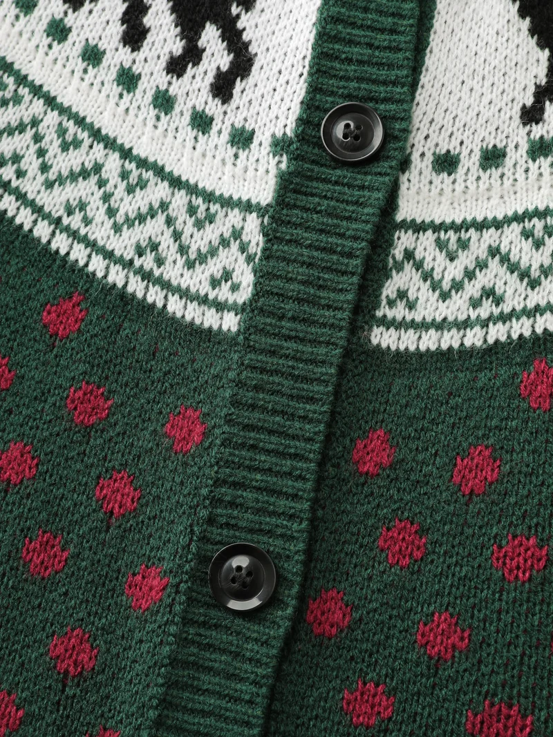 Fair-Isle Holiday Buttons Knit Cardigan