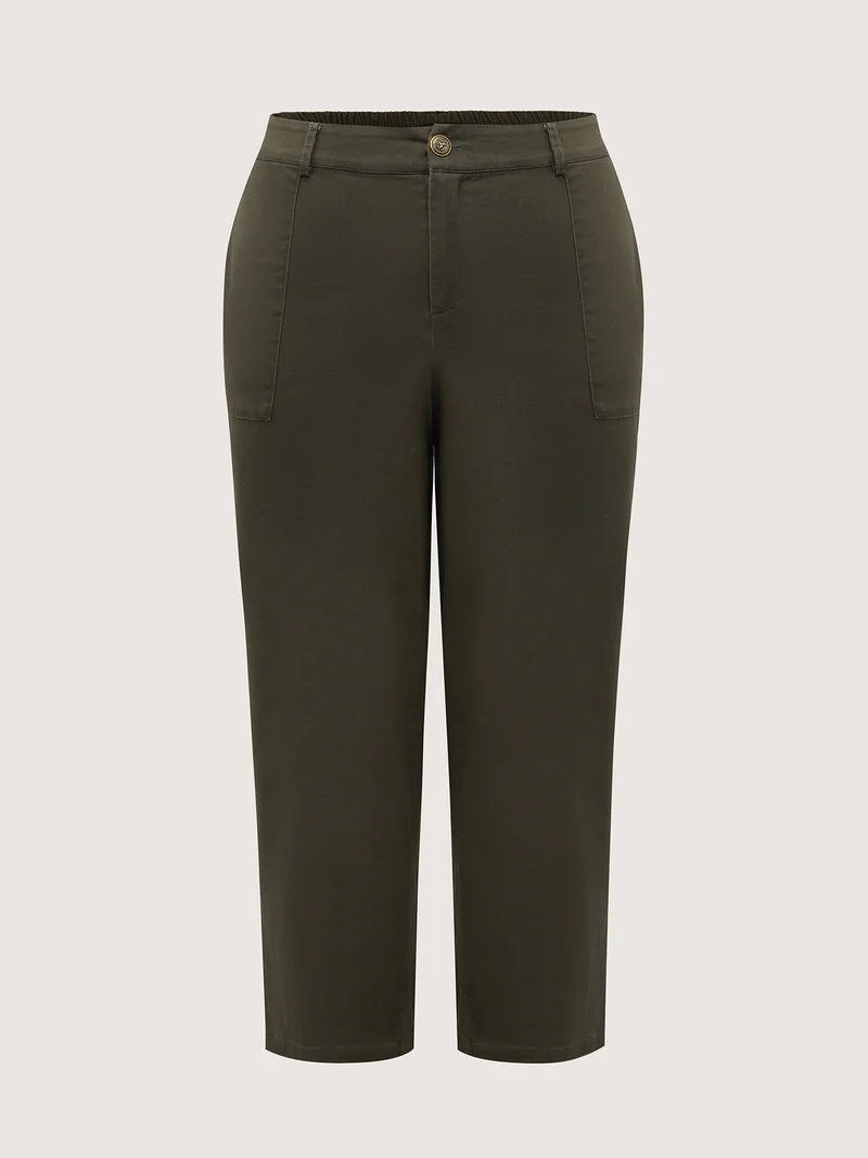 Cotton Stretchy Waist Pockets Straight Leg Pants