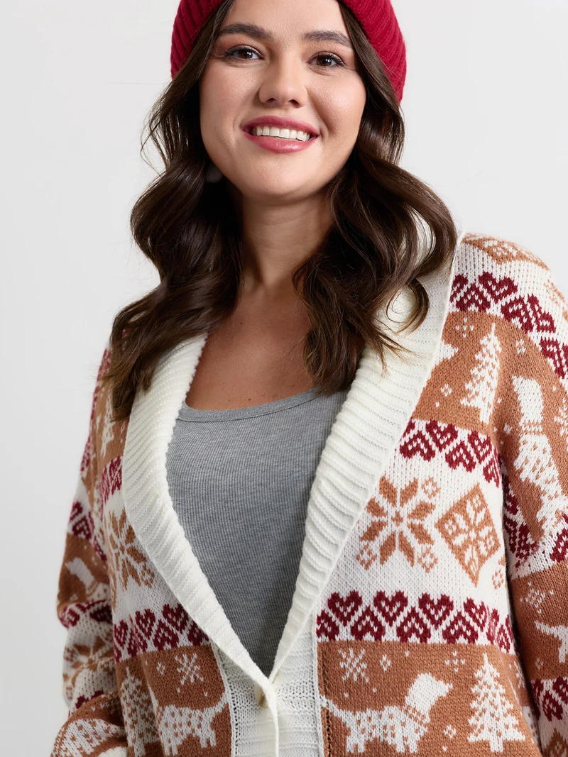 Holiday Pattern Jacquard Shawl Collar Cardigan