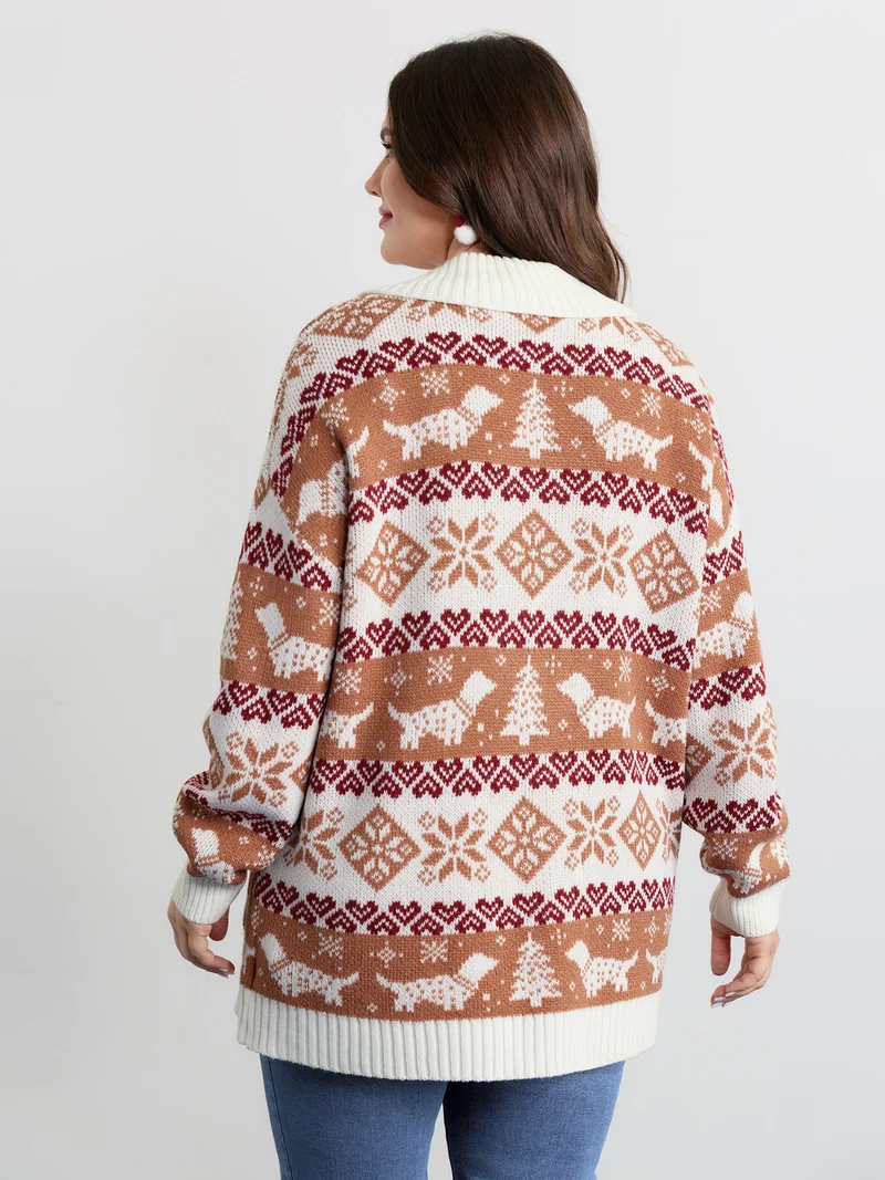 Holiday Pattern Jacquard Shawl Collar Cardigan