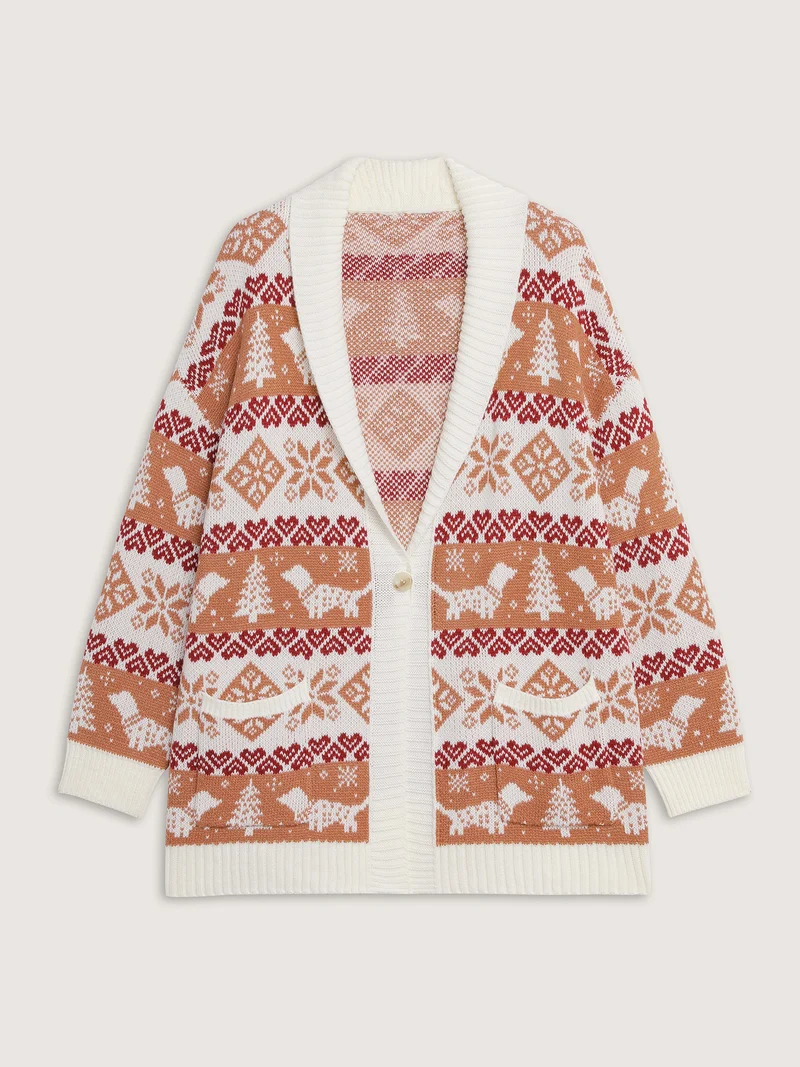 Holiday Pattern Jacquard Shawl Collar Cardigan