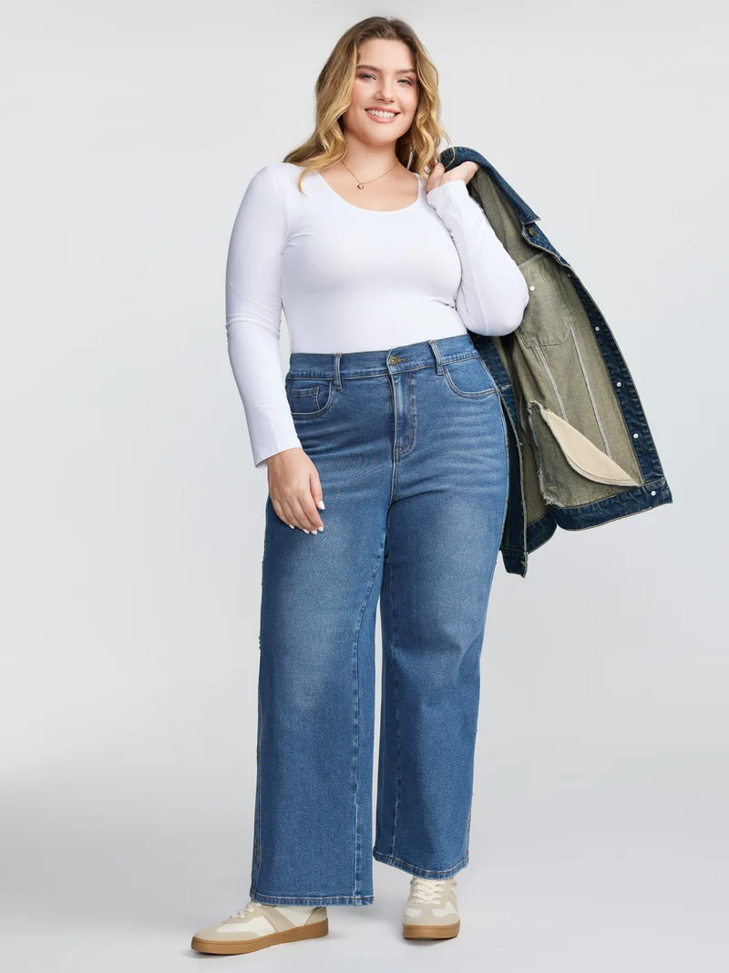 Stretchy Back Waistband Wide-Leg Jeans