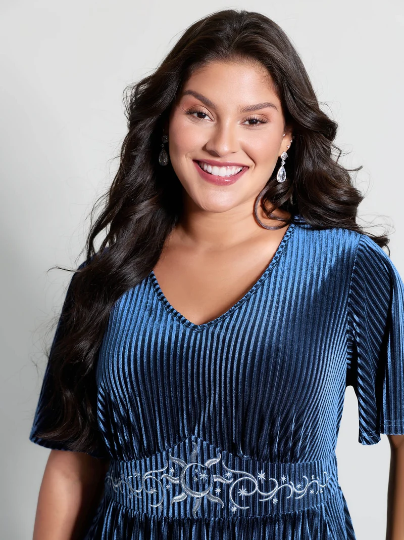 Starry Moon Embroidery Shirred Maxi Dress