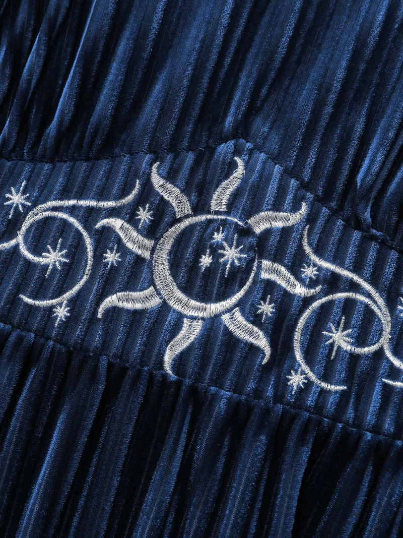 Starry Moon Embroidery Shirred Maxi Dress