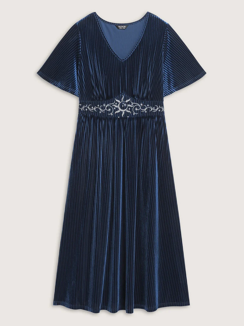 Starry Moon Embroidery Shirred Maxi Dress