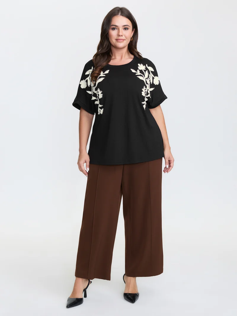 Supersoft Floral Embroidered Round Neck T-Shirt