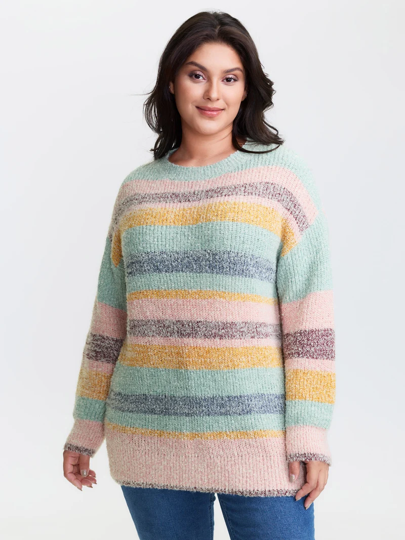 Textured Colorful Stripe Drop Shoulder Pullover