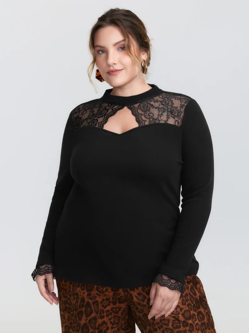 Sheer Lace Trim Mock Neck Ribbed T-Shirt