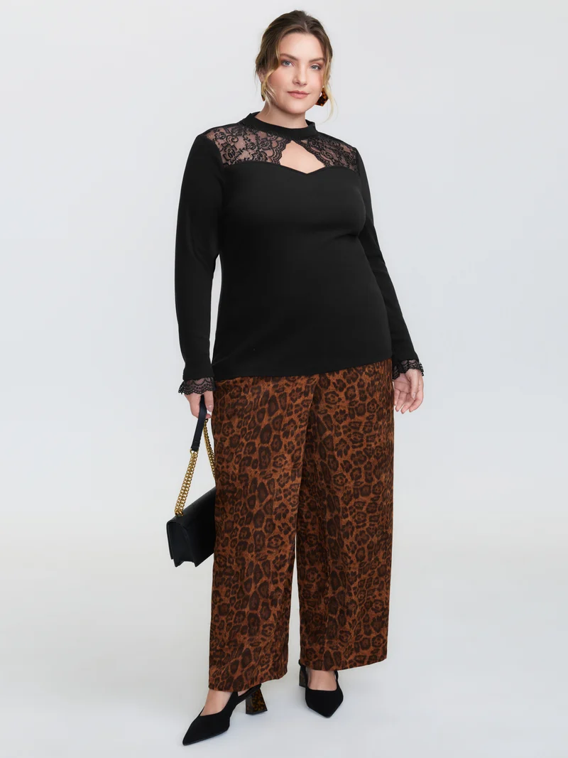 Sheer Lace Trim Mock Neck Ribbed T-Shirt