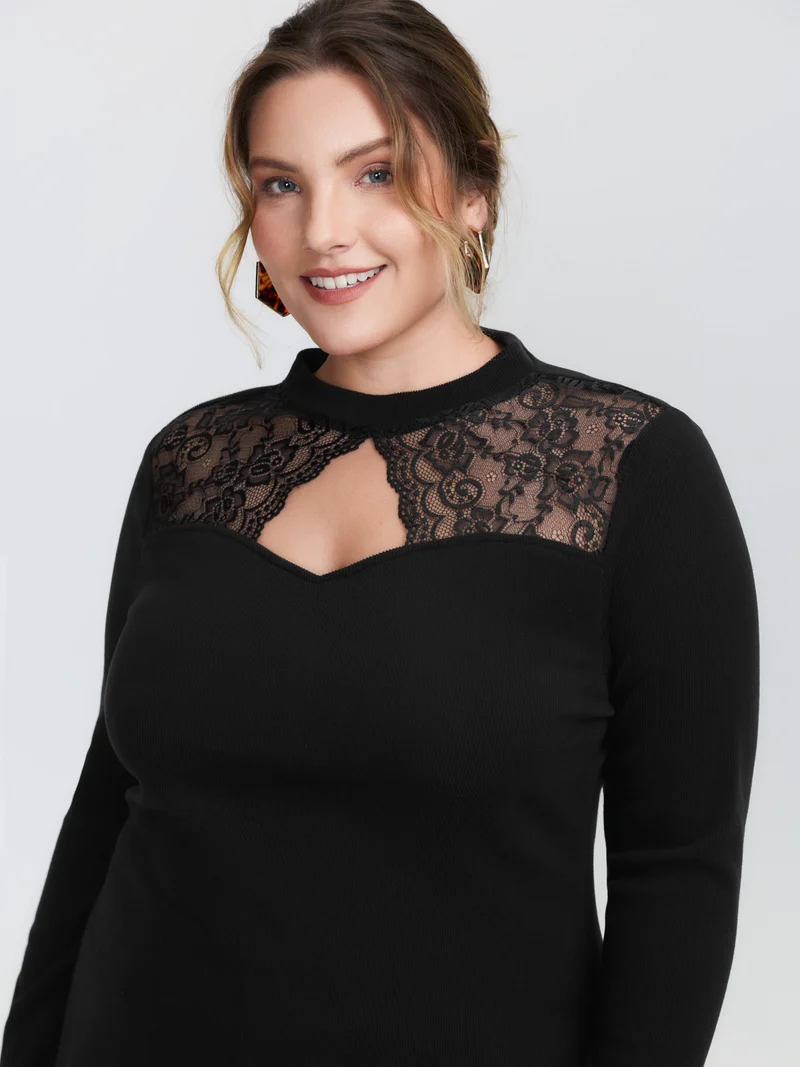 Sheer Lace Trim Mock Neck Ribbed T-Shirt