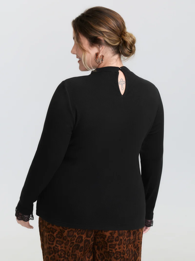 Sheer Lace Trim Mock Neck Ribbed T-Shirt