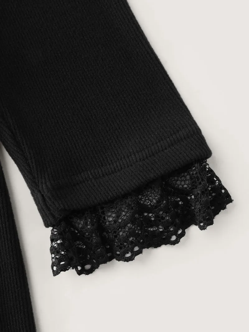 Sheer Lace Trim Mock Neck Ribbed T-Shirt