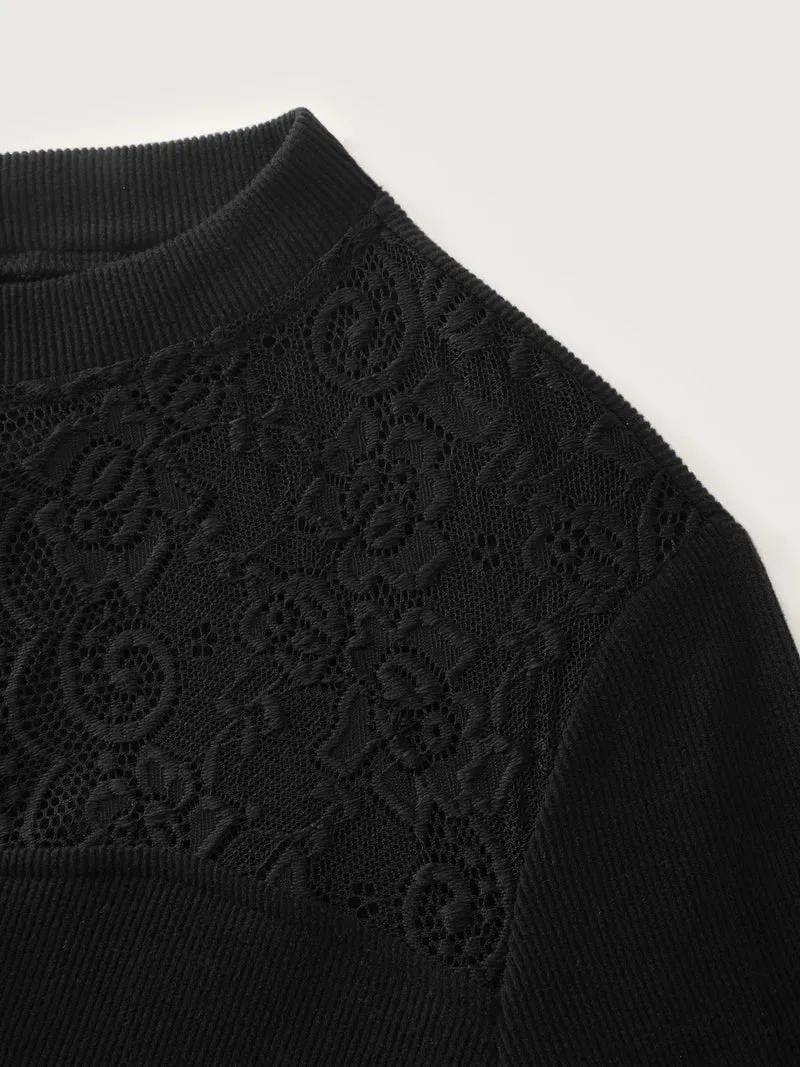 Sheer Lace Trim Mock Neck Ribbed T-Shirt