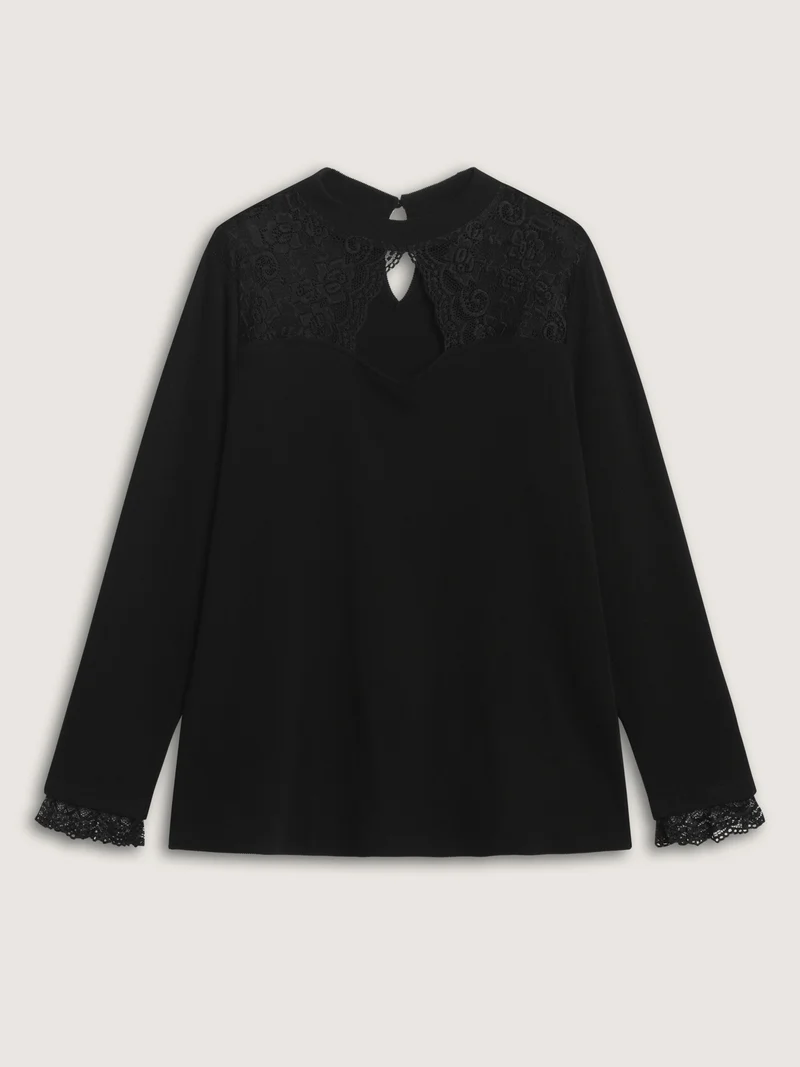 Sheer Lace Trim Mock Neck Ribbed T-Shirt