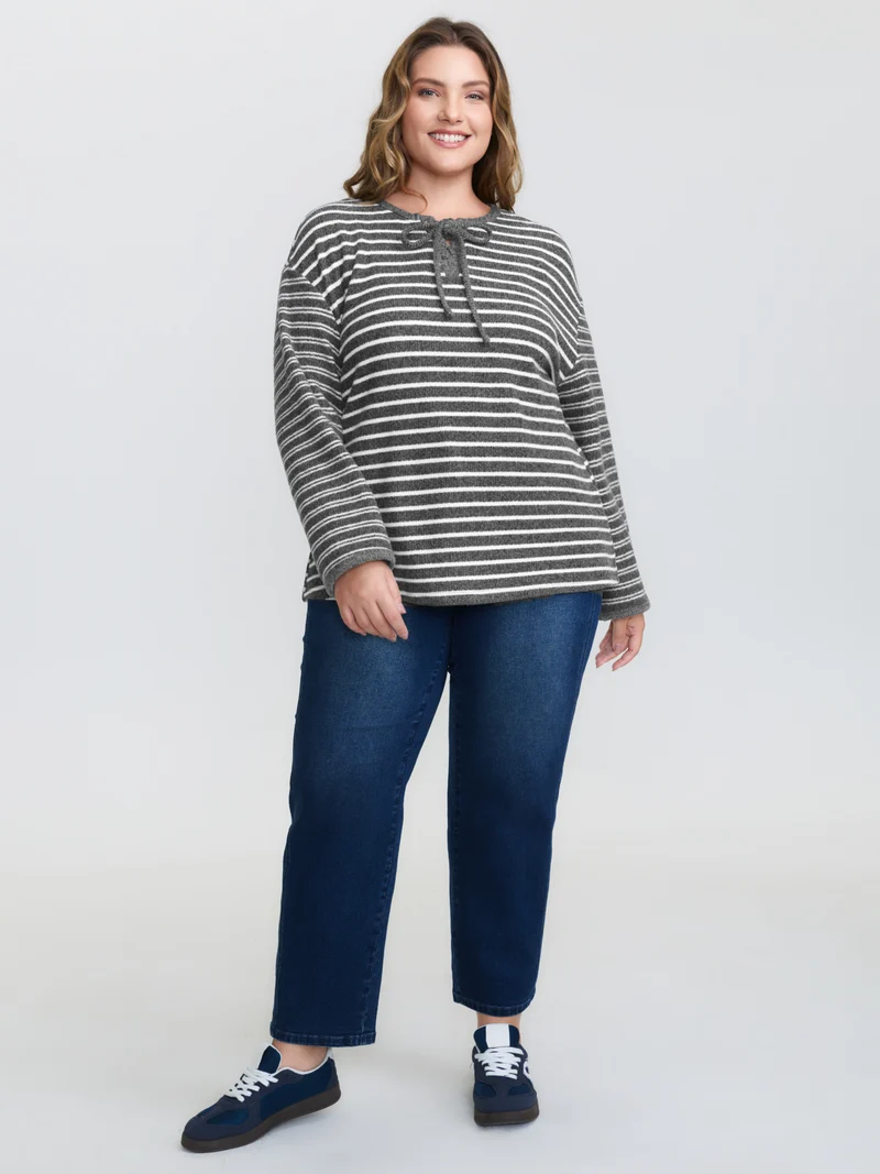 Ribbed Stripe Textured Neck-Tie T-Shirt