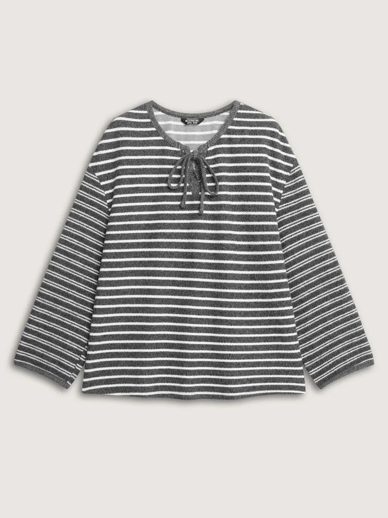 Ribbed Stripe Textured Neck-Tie T-Shirt