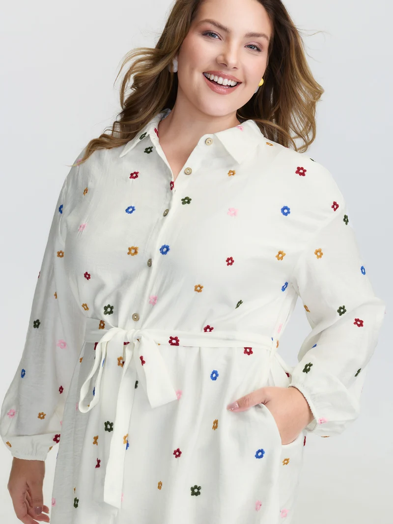 Colorful Floral Embroidery Pockets Midi Dress