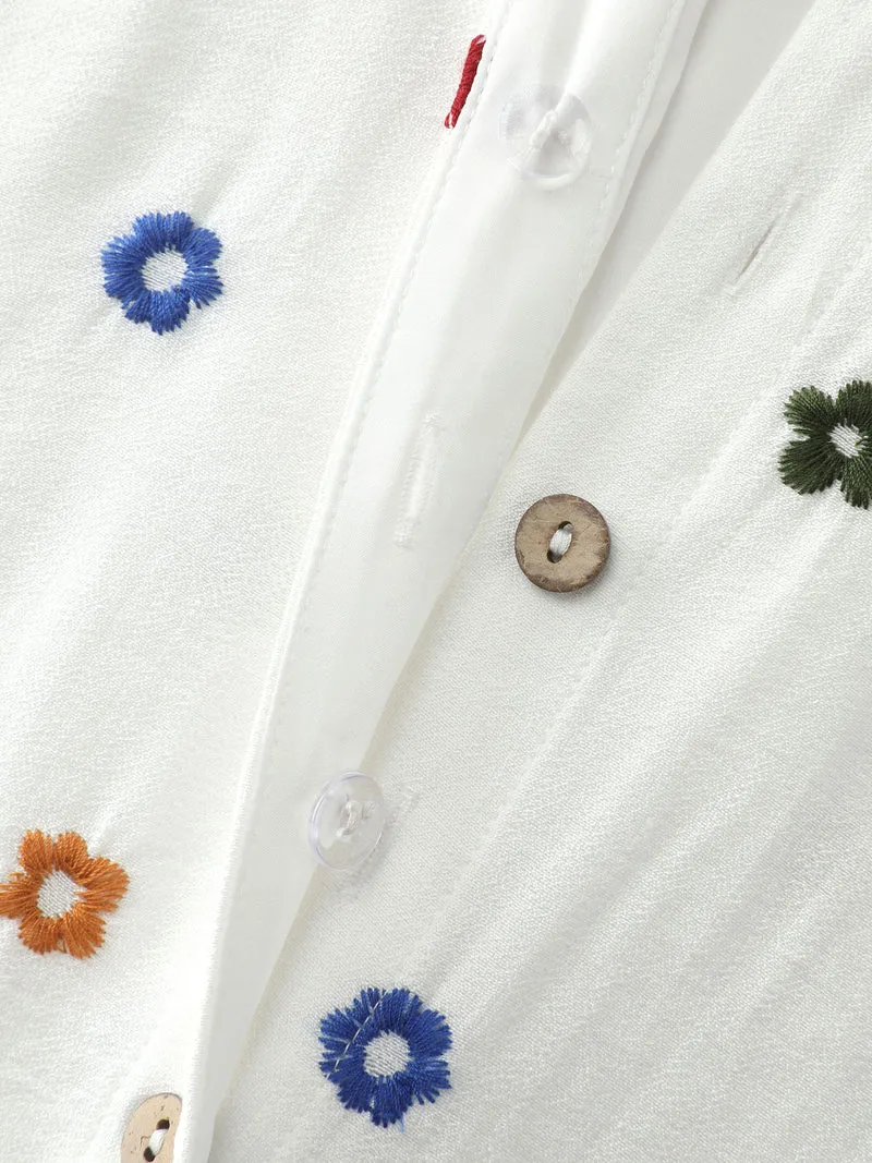 Colorful Floral Embroidery Pockets Midi Dress