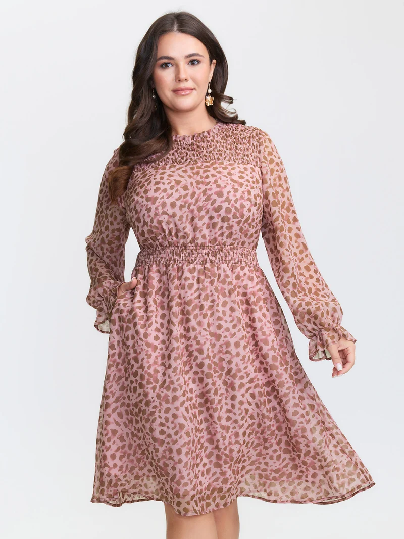 Leopard Print Shirred Waist Midi Dress