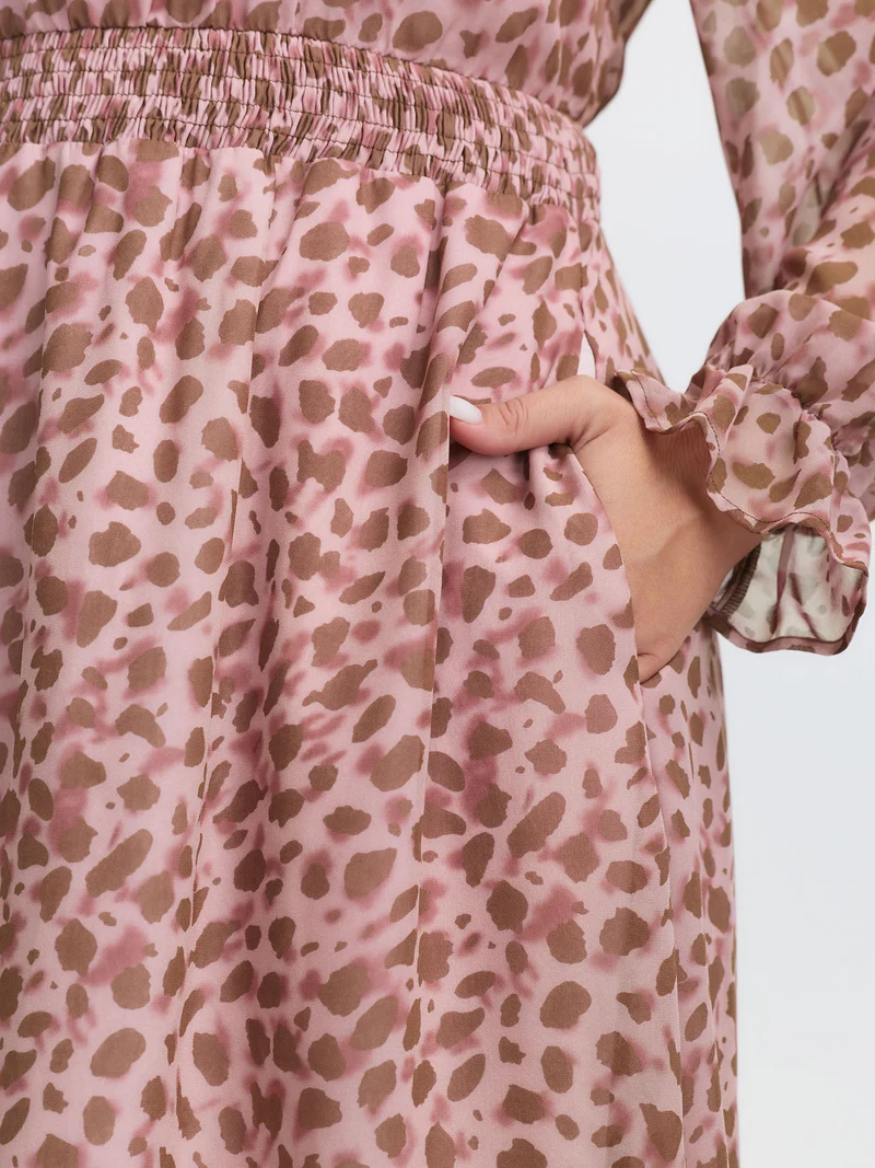 Leopard Print Shirred Waist Midi Dress