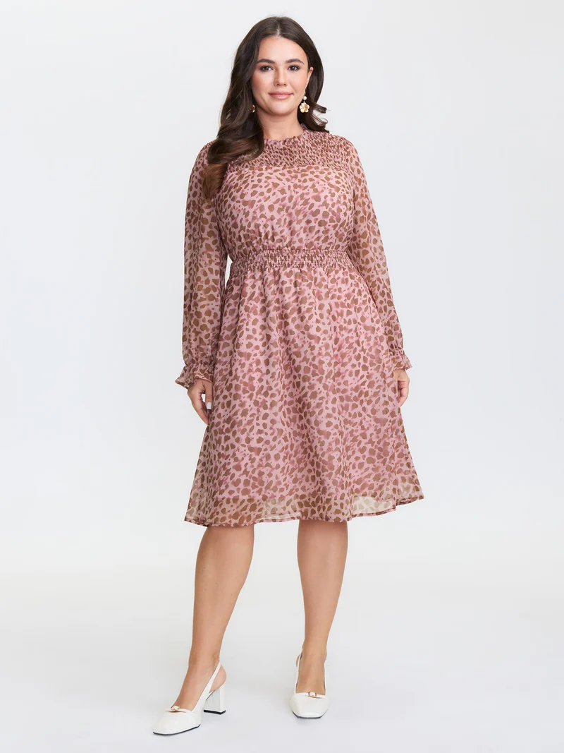 Leopard Print Shirred Waist Midi Dress