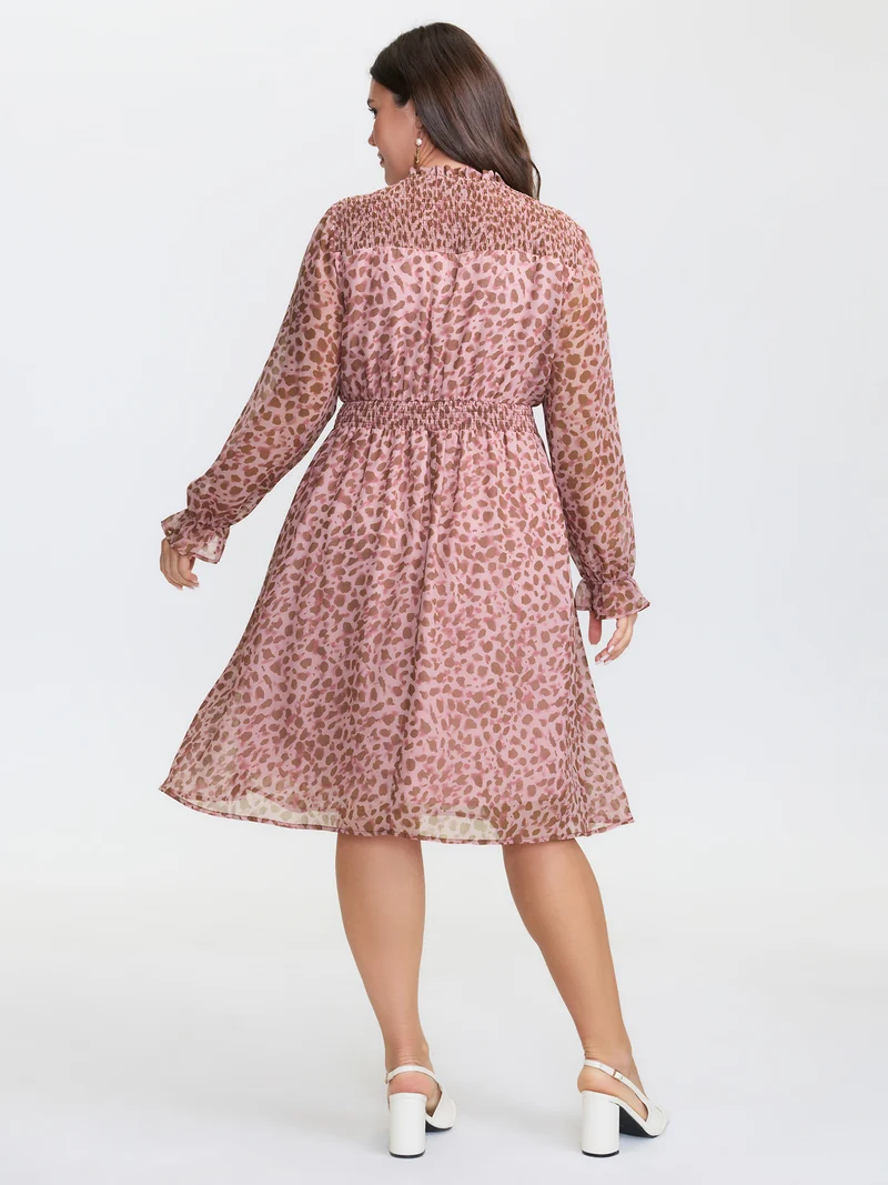 Leopard Print Shirred Waist Midi Dress