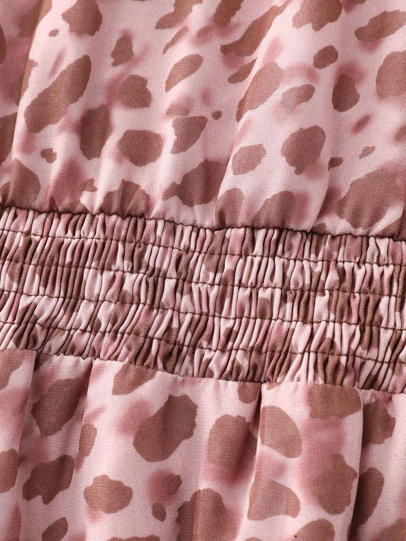 Leopard Print Shirred Waist Midi Dress