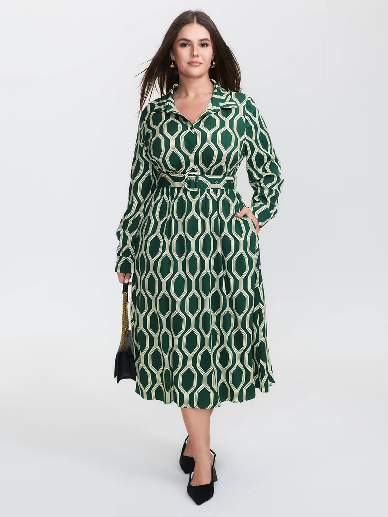 Geometric Print Rayon Belted Maxi Dress