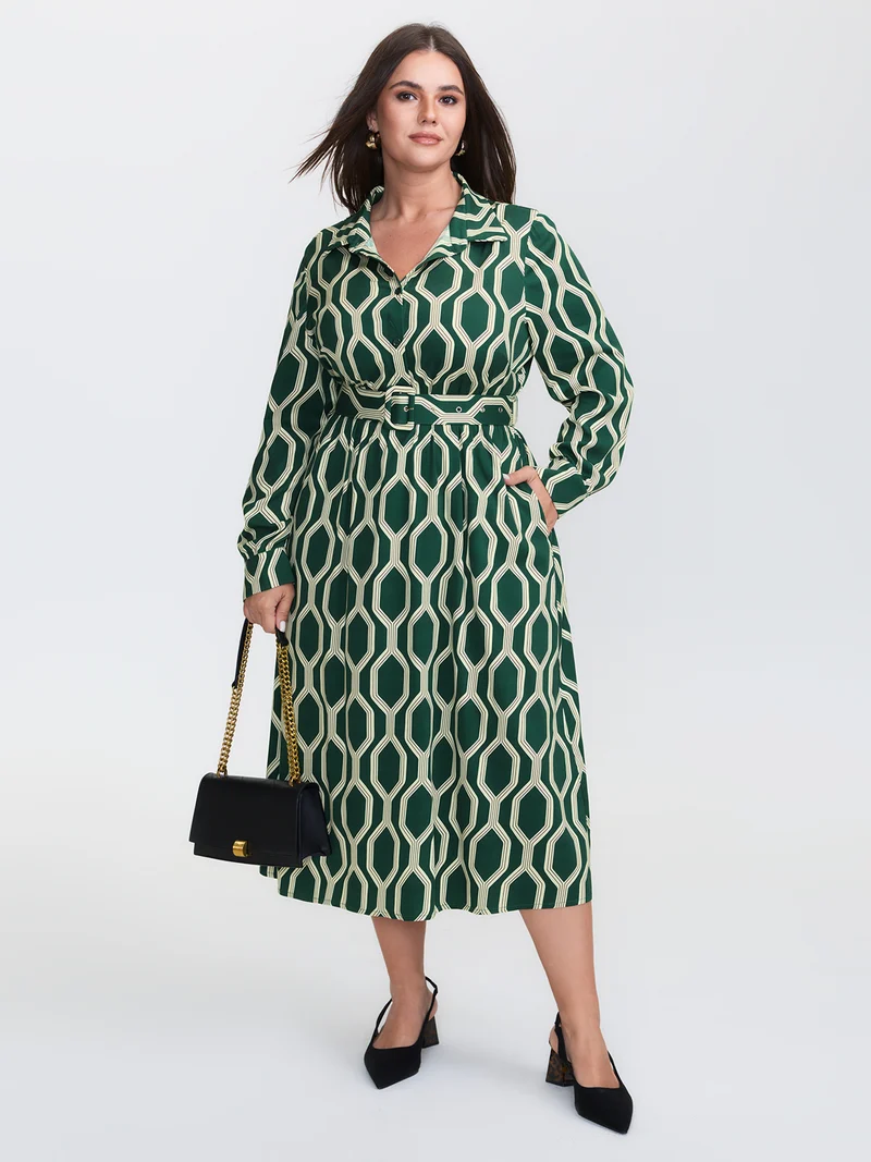Geometric Print Rayon Belted Maxi Dress