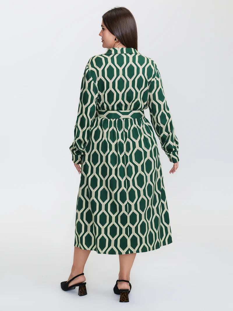 Geometric Print Rayon Belted Maxi Dress