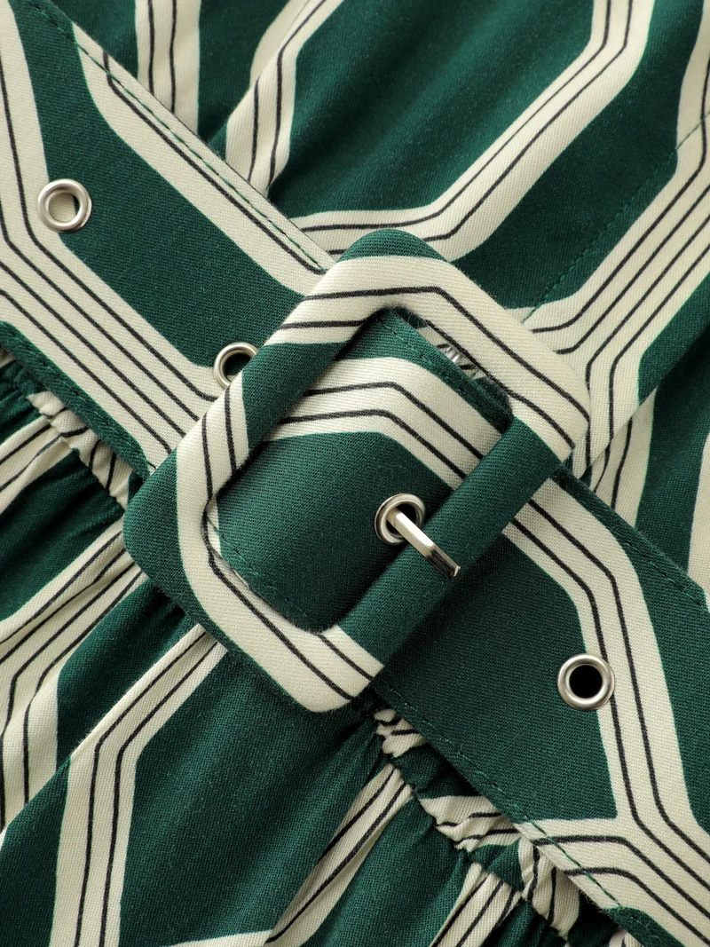 Geometric Print Rayon Belted Maxi Dress