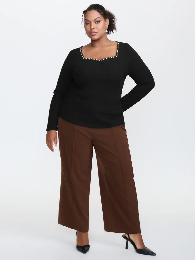 Pearl Detail Neckline Textured Fitted T-Shirt