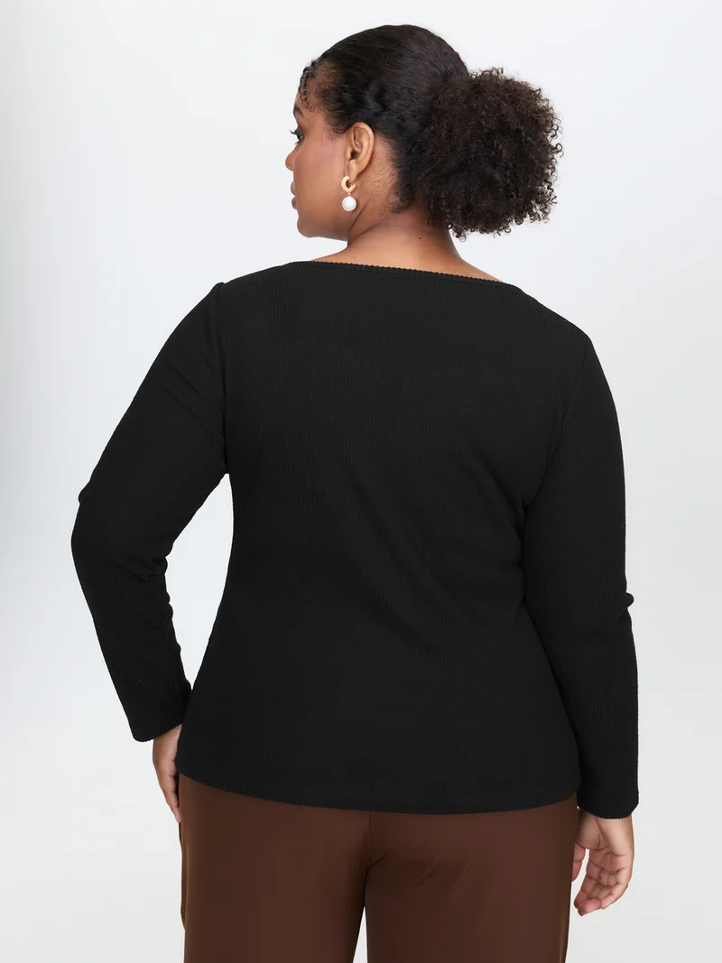 Pearl Detail Neckline Textured Fitted T-Shirt