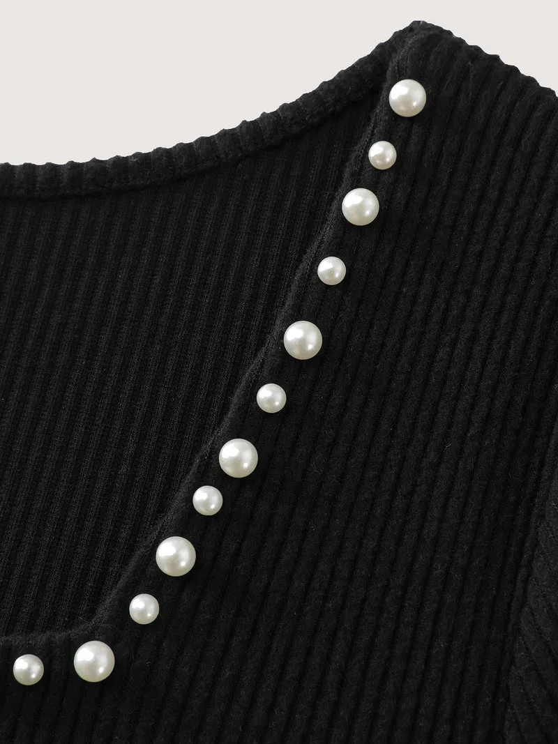 Pearl Detail Neckline Textured Fitted T-Shirt