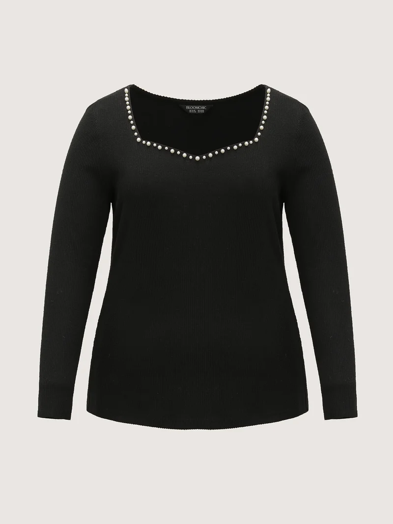Pearl Detail Neckline Textured Fitted T-Shirt