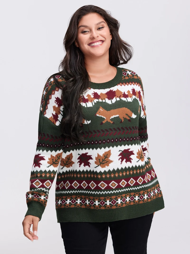 Forest Pattern Jacquard Round Neck Pullover