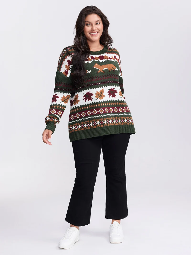 Forest Pattern Jacquard Round Neck Pullover