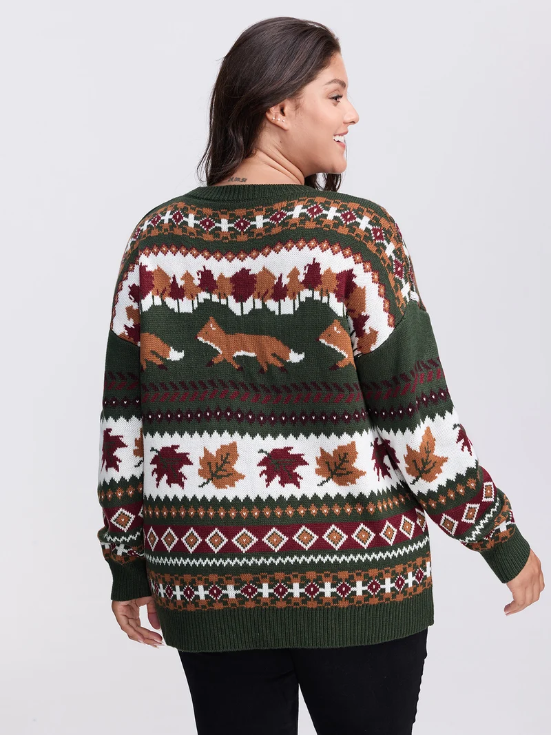 Forest Pattern Jacquard Round Neck Pullover
