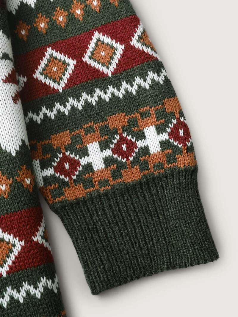 Forest Pattern Jacquard Round Neck Pullover
