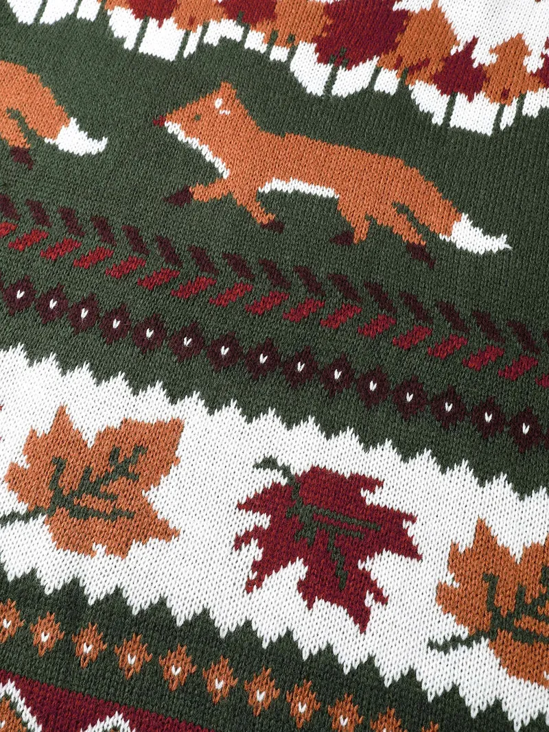 Forest Pattern Jacquard Round Neck Pullover