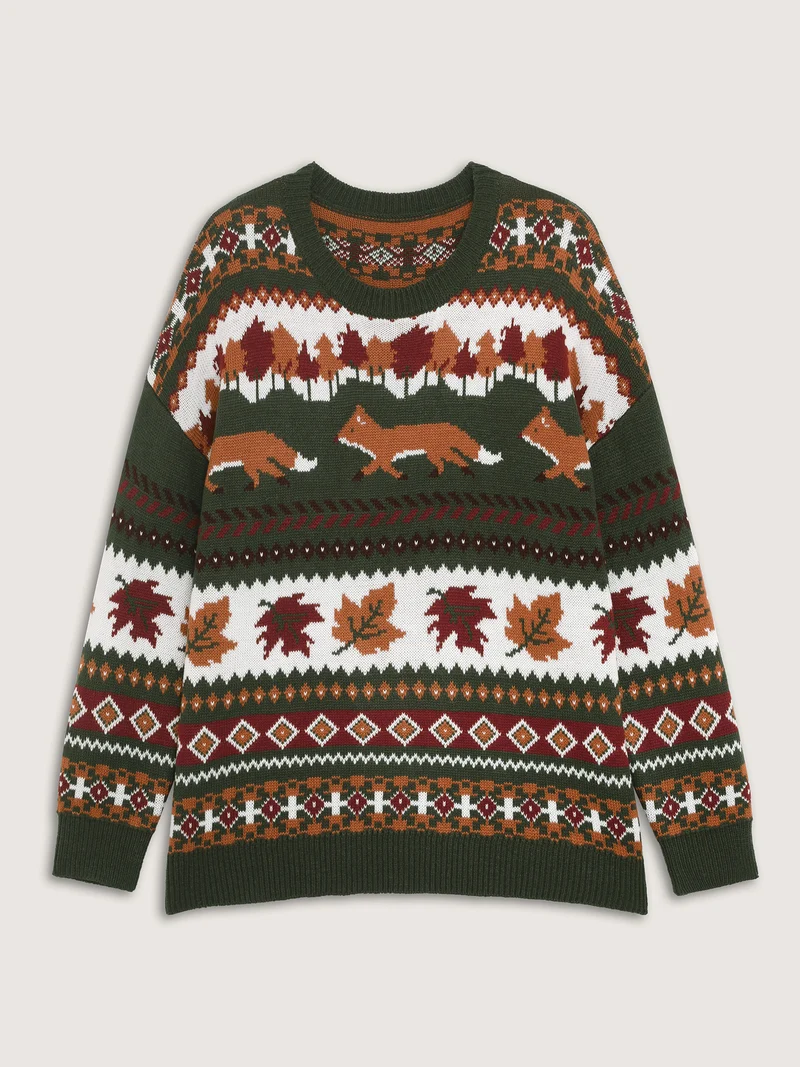 Forest Pattern Jacquard Round Neck Pullover
