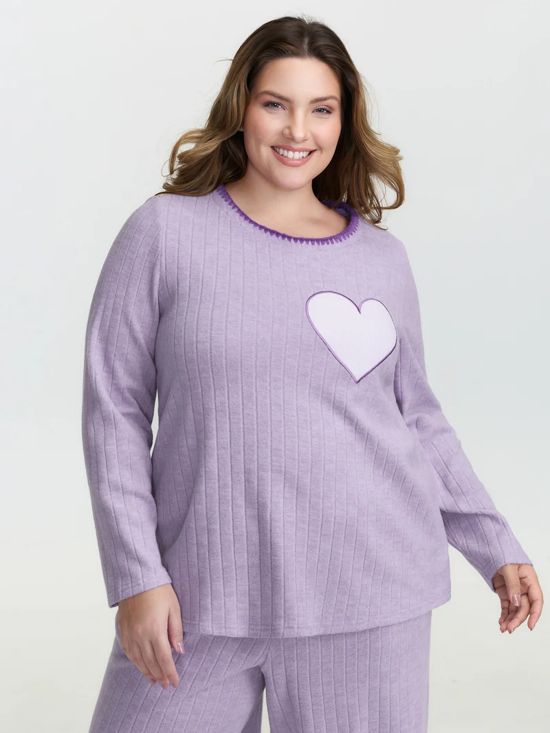 Pastel Hearts Brushed Ribbed Embroidered Lounge Top